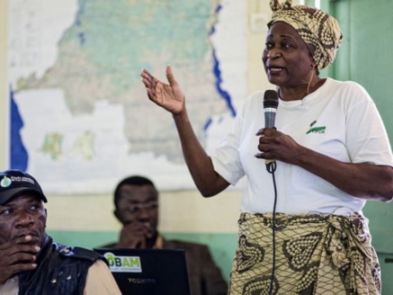 Anne Marie Tiani, a senior scientist for Center for International Forestry (CIFOR) and the coordinator for project COBAM, conducts a workshop in the DRC. (Ollivier Girard / CIFOR.)