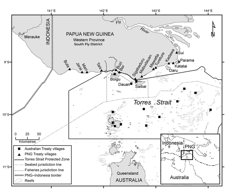 A map of the South Fly District in southern PNG and neighbouring Torres Strait Islands.