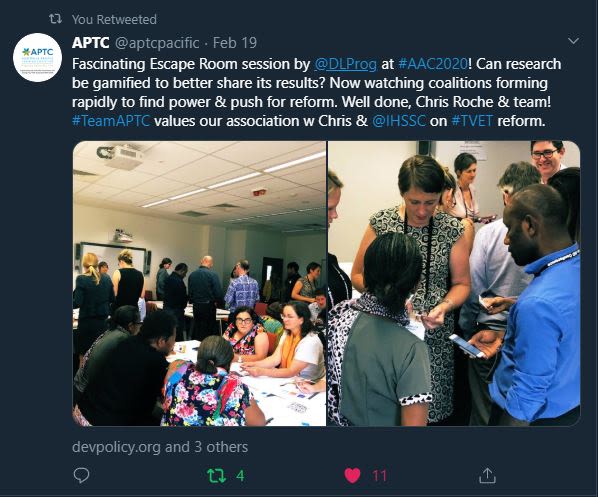 APTC Twitter account - "Fascinating escape room session by @DLProg at #AAC2020! Can research be gamified to better share its results? Now watching coalitions forming rapidly to find power and push for reform. Well done, Chris Roche and team! #TeamAPTC values our association w Chris & @IHSSC on #TVET reform.