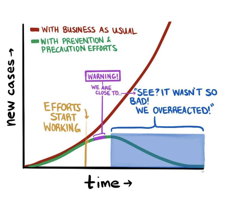 A graph showing reactions to COVID-19 with business as usual and with prevention and precaution efforts.