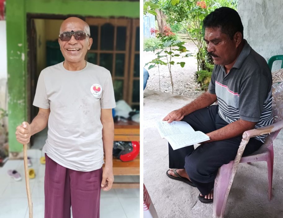 On the left, Ambros smiles for a photograph on the front verandah of his home, on the right, Hery sits with a guestbook)