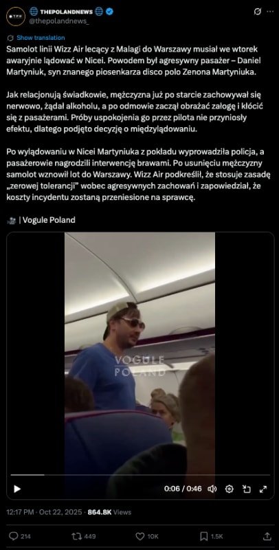 Awaryjne lądowanie Wizz Air z powodu agresywnego pasażera – Daniel Martyniuk wyprowadzony przez policję