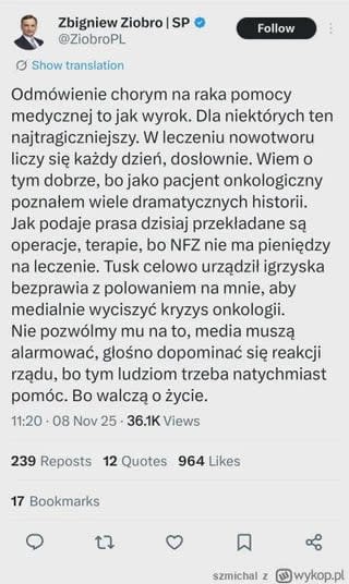 Dziś zamiast prześmiewczego walecznego Ziobry wylosował się Ziobro onkologiczny