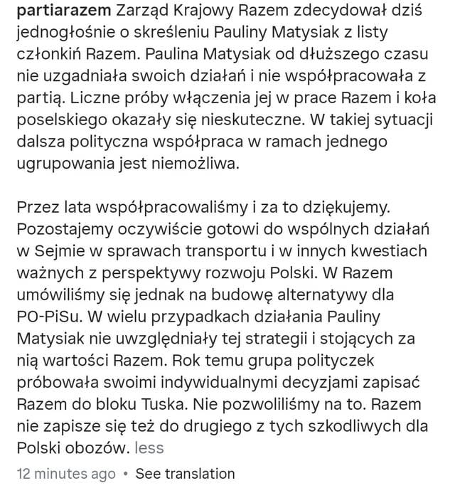 Komunikat ZK Partii Razem (Paulina Matysiak wyrzucona)