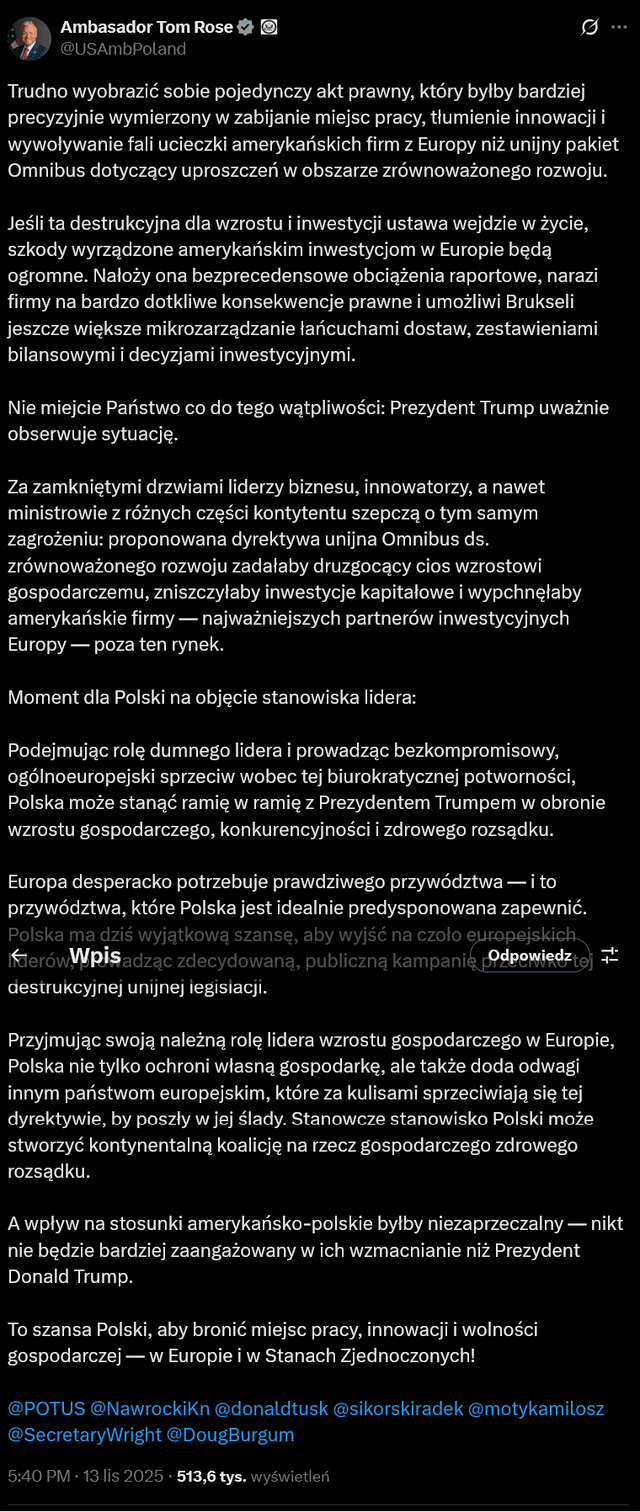 Nowy ambasador USA zaczął swoją kadencję z przytupem pierwszy dzień