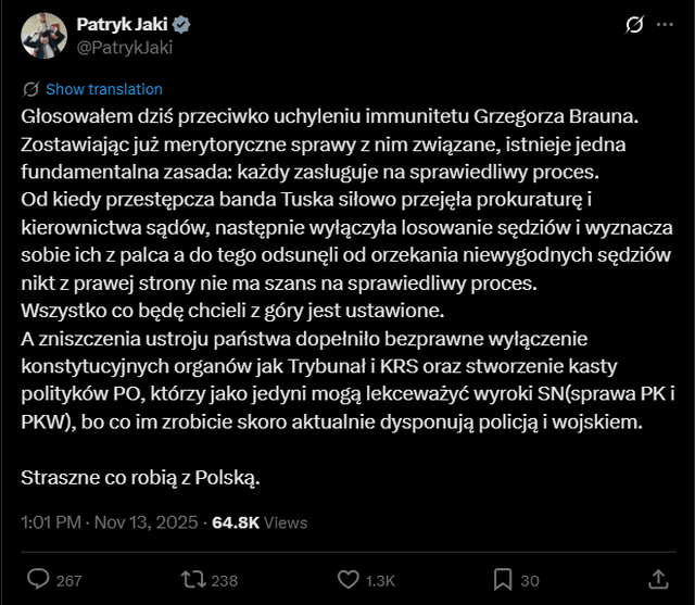 Patryk Jaki zagłosował przeciwko uchyleniu immunitetu Grzegorza Brauna