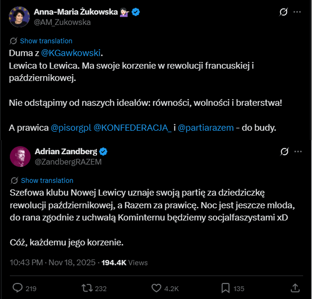 Żukowska upatruje swoich korzeni w rewolucji bolszewickiej i nazywa Partię Razem prawicą