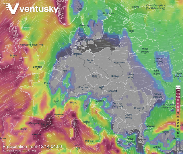Oczekiwane opady w Polsce do końca grudnia – równe 0 (Ventusky.com)