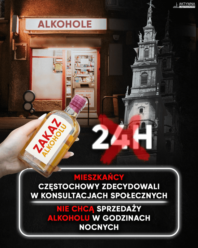Kolejne miasto z nocną prohibicją w sklepach - 71% mieszkańców Częstochowy poparło wprowadzenie ograniczenia. Jeśli wszystko pójdzie zgodnie z planem, zmiany wejdą w życie w 2026 roku.
