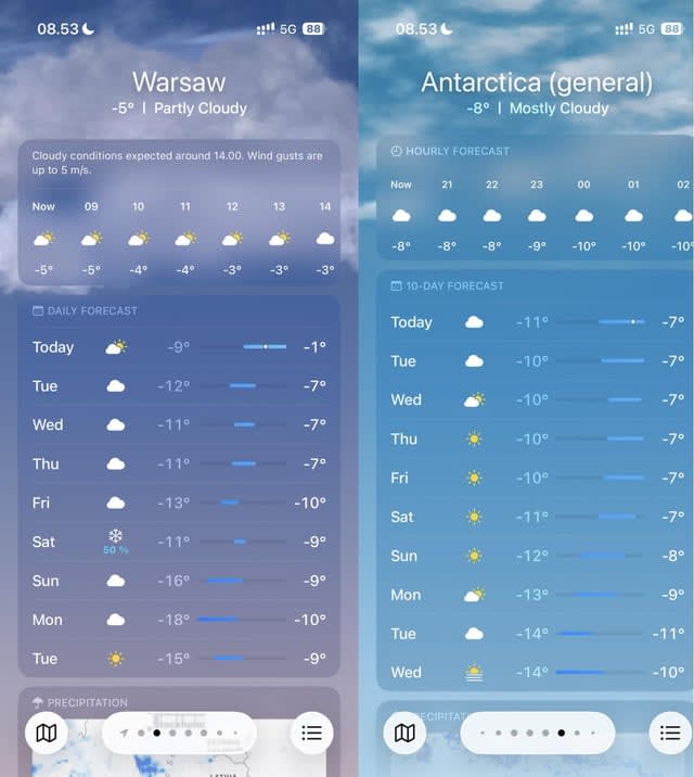 This week’s temperatures in Warsaw vs Antarctica