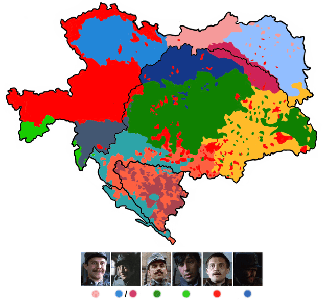 Austria-Hungary ethnic map with "C.K. Dezerterzy" characters