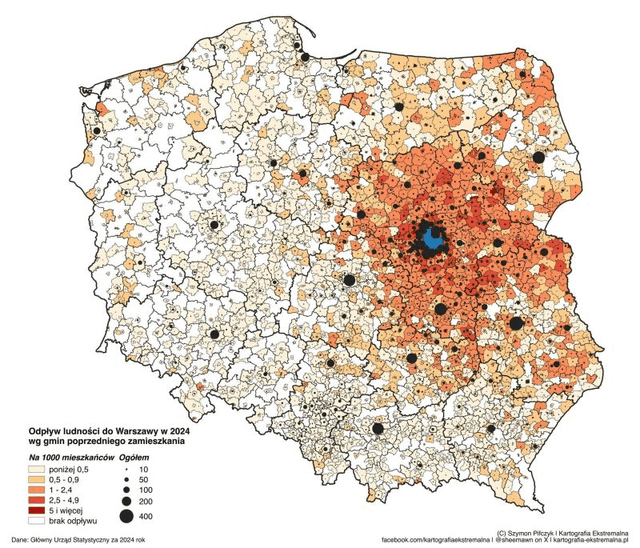 Wysysanie prowincji przez Warszawę - mapa 2024
