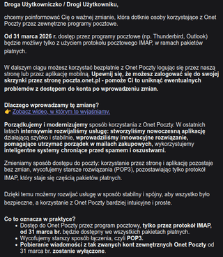Onet enshittification — IMAP tylko dla płatnych kont, POP3 wyłączony całkiem