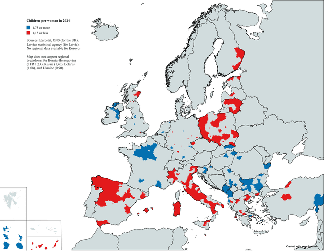 Regiony Europy z najniższymi i najwyższymi współczynnikami urodzeń (Eurostat 2024)
