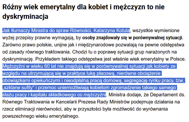 Różny wiek emerytalny dla kobiet i mężczyzn to nie dyskryminacja
