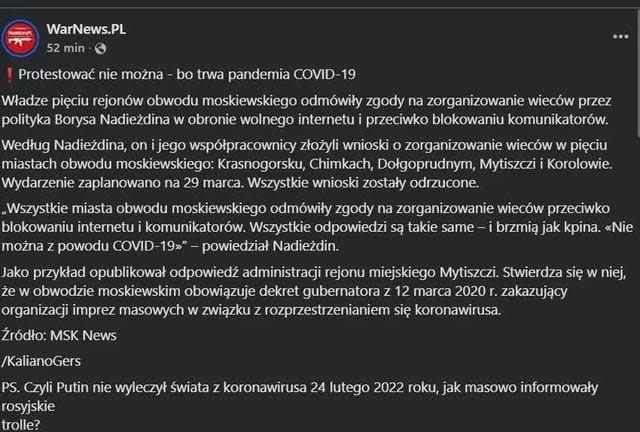 [Rosja] Władze pięciu rejonów obwodu moskiewskiego odmówiły zgody na zorganizowanie wieców przez polityka Borysa Nadieżdina w obronie wolnego internetu. Protestować nie można, bo trwa pandemia COVID-19