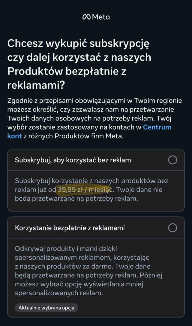 Meta wycenia wyświetlane mi reklamy na 40 zł miesięcznie