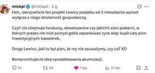 Projekt Lewicy podatku od 3 mieszkania wprost wyłącza z niego dzialalność gospodarczą.