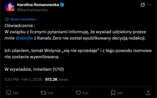 Kanał Zero nie wyemitował wywiadu z Karoliną Romanowską nt. planowanych ekshumacji na Wołyniu bo temat "się nie sprzedaje"