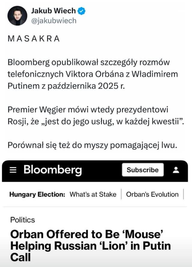 Bloomberg opublikowal szczególy rozmów telefonicznych Viktora Orbána z Wladimirem Putinem z października 2025 r.
