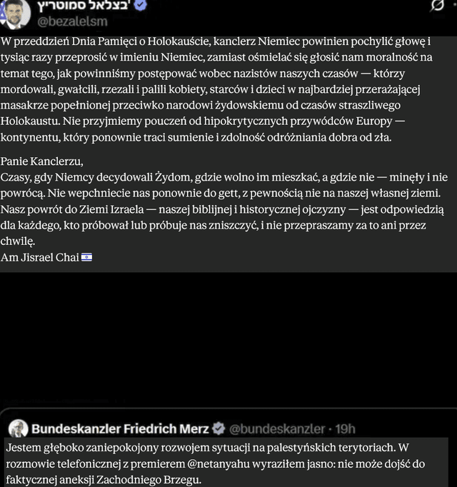 Minister Finansów Izraela zwraca uwagę obecnemu Kanclerzowi Niemiec, że powinien się ukłonić i przeprosić 1000 razy za to co dawno temu zrobiły Niemcy, a nie wydawać opinię nt. sytuacji w Gazie