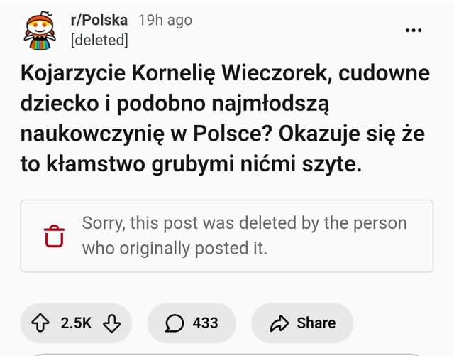 Dlaczego wczorajszy post punktujący osiągnięcia Pani Korneli Wieczorek spadł z rowerka?