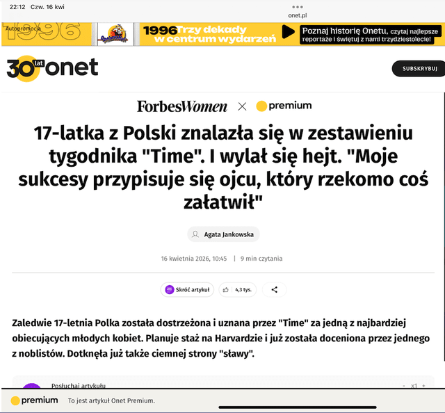Wczoraj na Onet pojawił się artykuł dotyczący Kornelii Wieczorek, przygotowany we współpracy z Forbes Women (wnioskując z oznaczenia Forbes Women). Obecnie nie mogę już znaleźć tego artykułu na Onet.