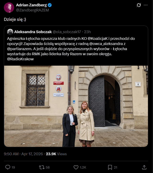 Agnieszka Łętocha opuszcza klub radnych KO i dołącza do Razem