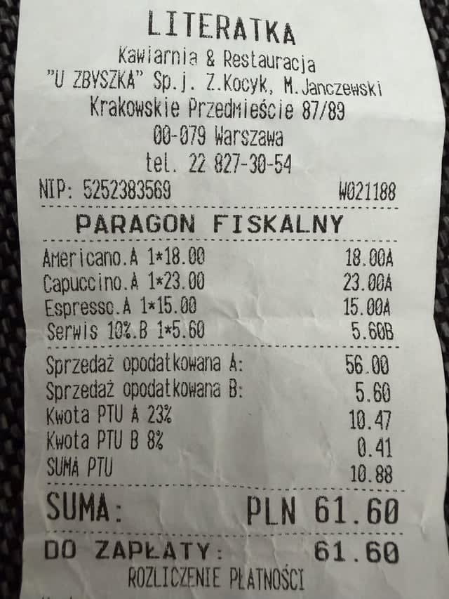 Paragon grozy - 2 kawy. Americano + flat white