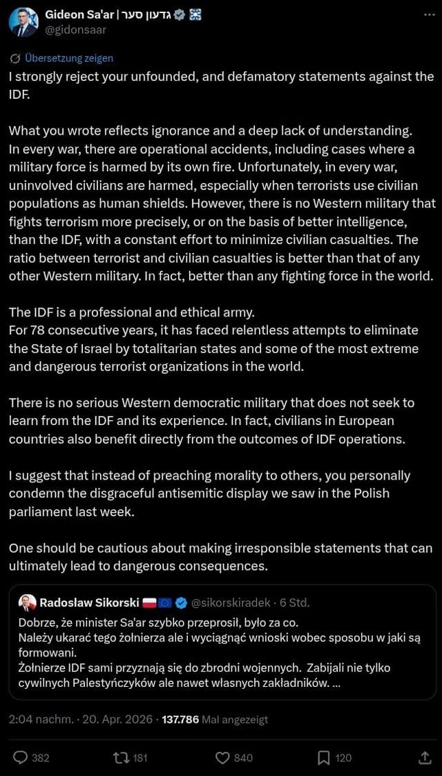 Izraelski szef MSZ obraża Sikorskiego