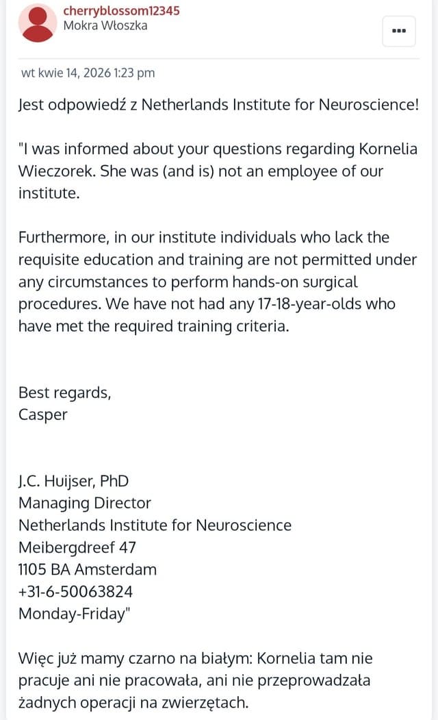 Netherlands Institute for Neuroscience odcina się od współpracy z Kornelią Wieczorek. KW twierdzi, że współpracowała z nimi jako "research assistant"