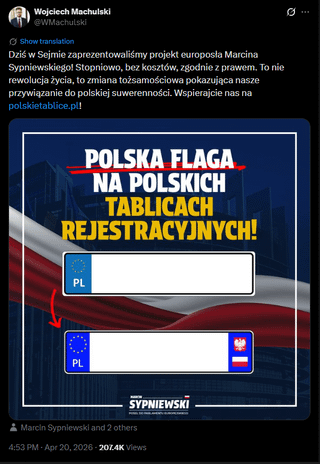 Ta głupia Łuunia Europejska zajmuje się głupotami typu nakrętki. Nie to co my! Proponujemy poważną zmianę wyglądu tablic rejestracyjnych na patriotyczne!! Kon-fe-de-ra-cja!