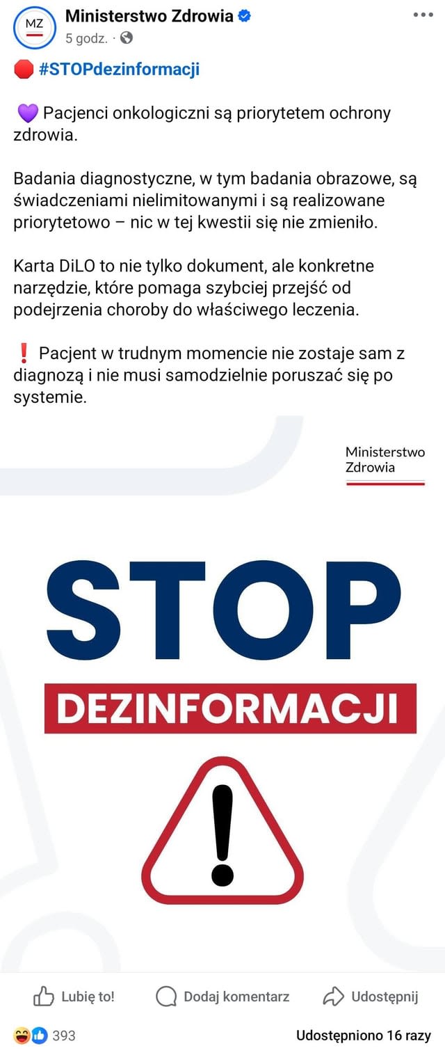 W odpowiedzi na alarmy szpitali o sporych ograniczeniach refundowanych wizyt, MZ wstawia posta, że to nieprawda i wszystko jest git