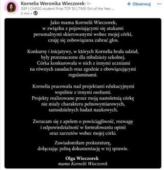 Matka Kornelii Wieczorek składa zawiadomienie do prokuratury w związku z "atakami personalnymi" wobec jej córki