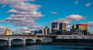 Dayton Ohio skyline over Great Miami River