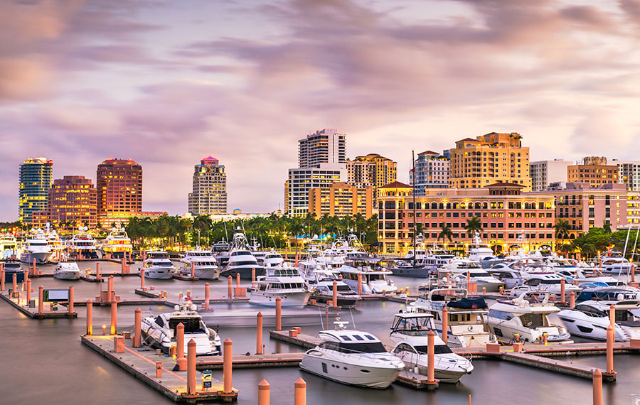 West Palm Beach marina and skyline at sunset