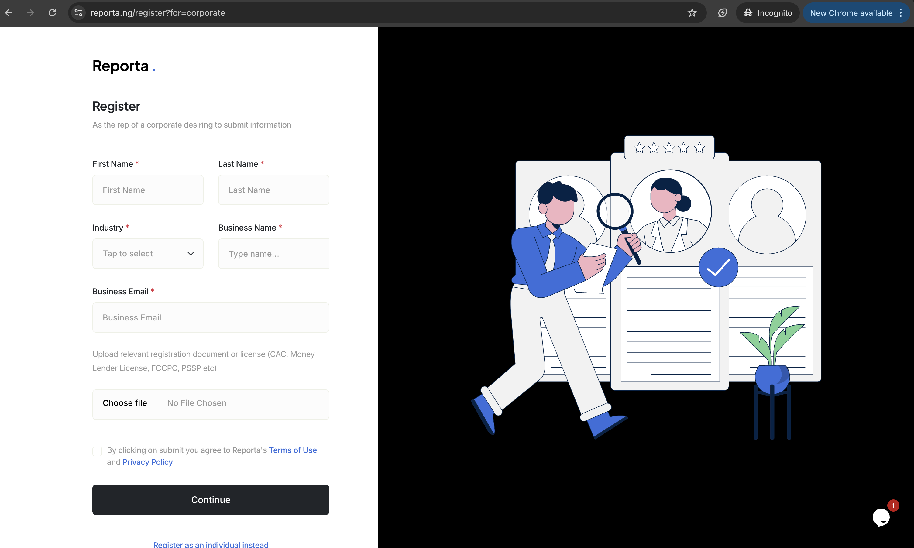 Corporate Registration Screen