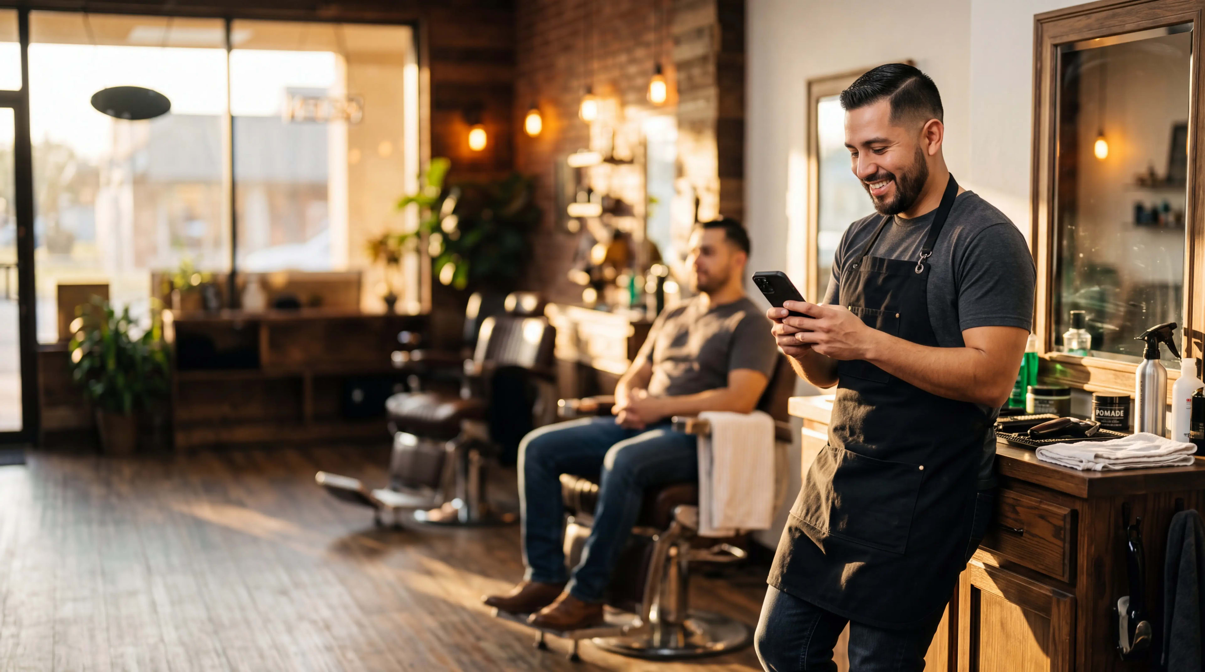Barbershop owner smiling at his phone in a sunlit Rio Grande Valley barbershop