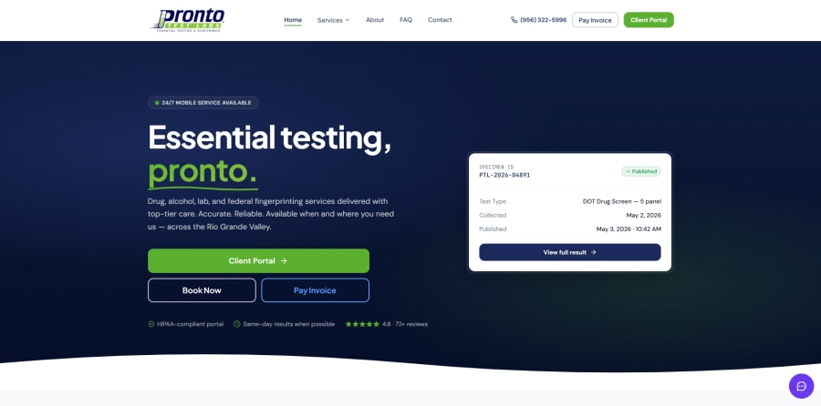 Homepage of the Pronto Test Labs website