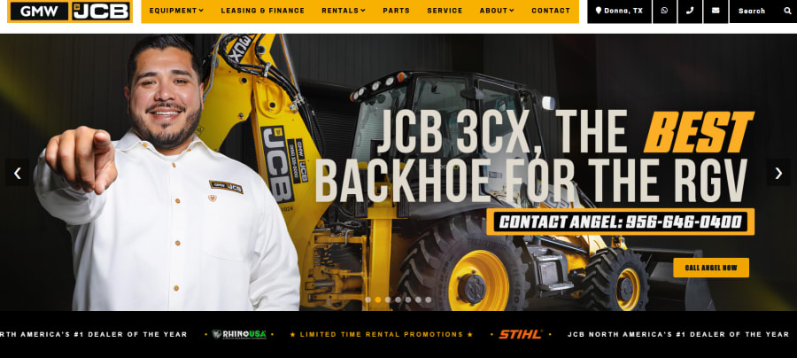 Homepage of the GMWJCB heavy equipment dealer website