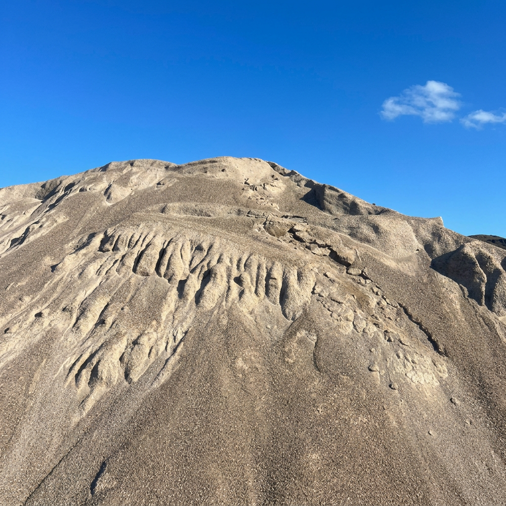Towering sand stockpile against a clear sky showing the volume of material on hand