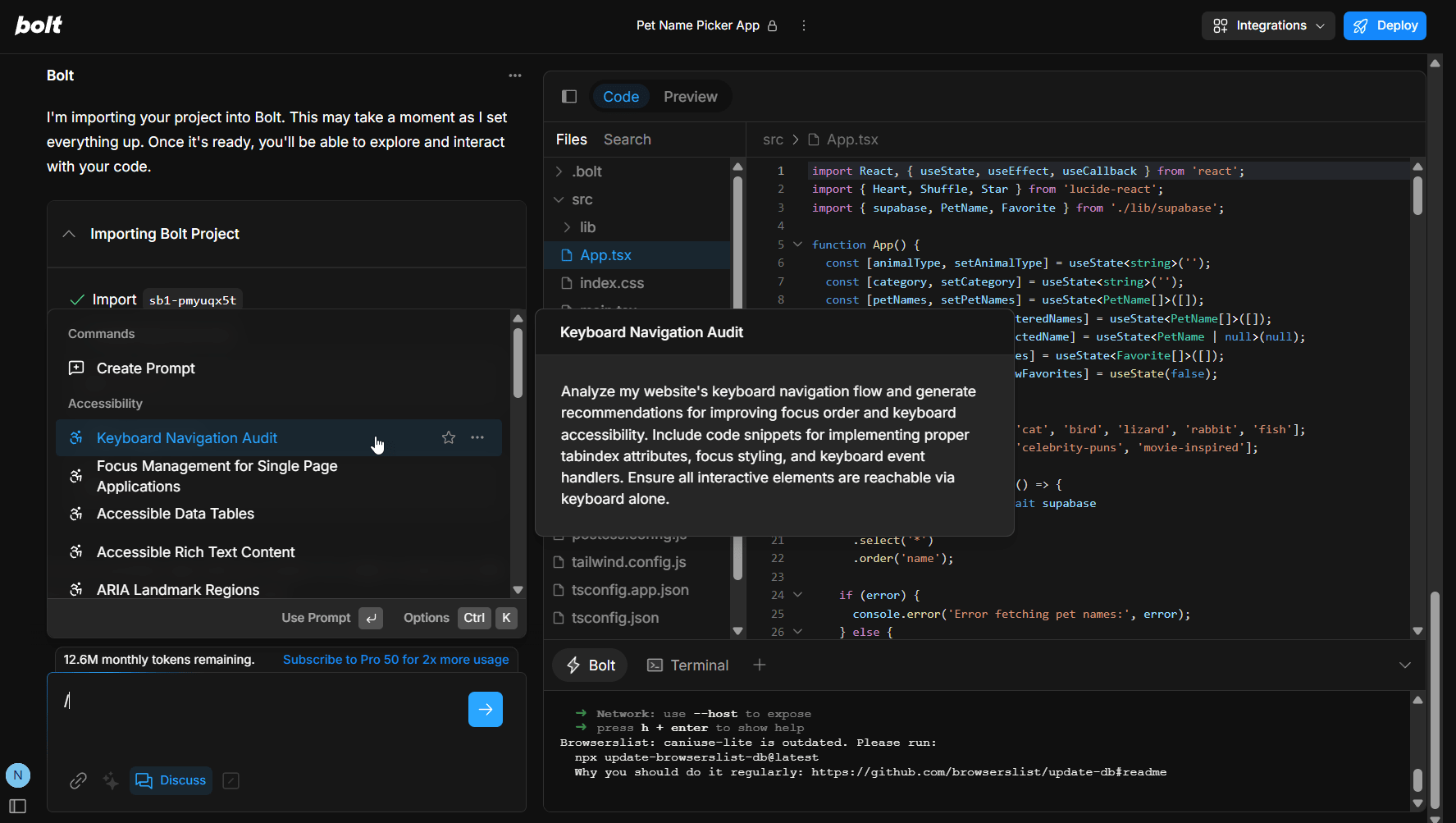 Screenshot of the Prompt Library feature in Bolt accessed via the plus icon in the chatbox.