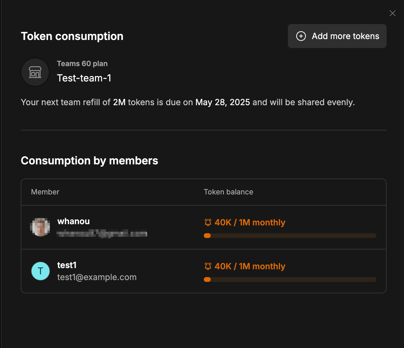 Screenshot of admin tokens view in Bolt Teams management.