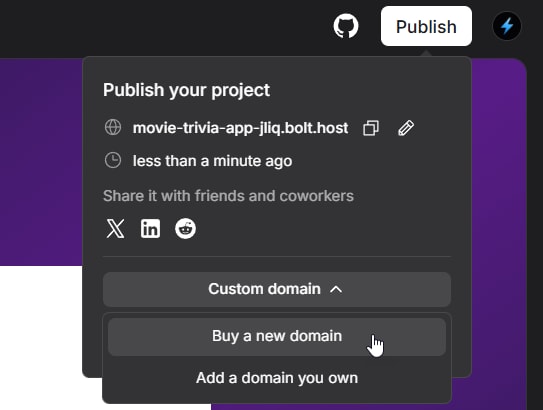 Screenshot of Publish button in Bolt.