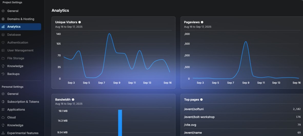Screenshot of Analytics section of Project Settings in Bolt.