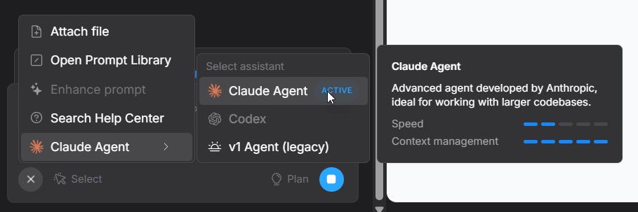 Screenshot of Claude Agent being selected from the Bolt chatbox.