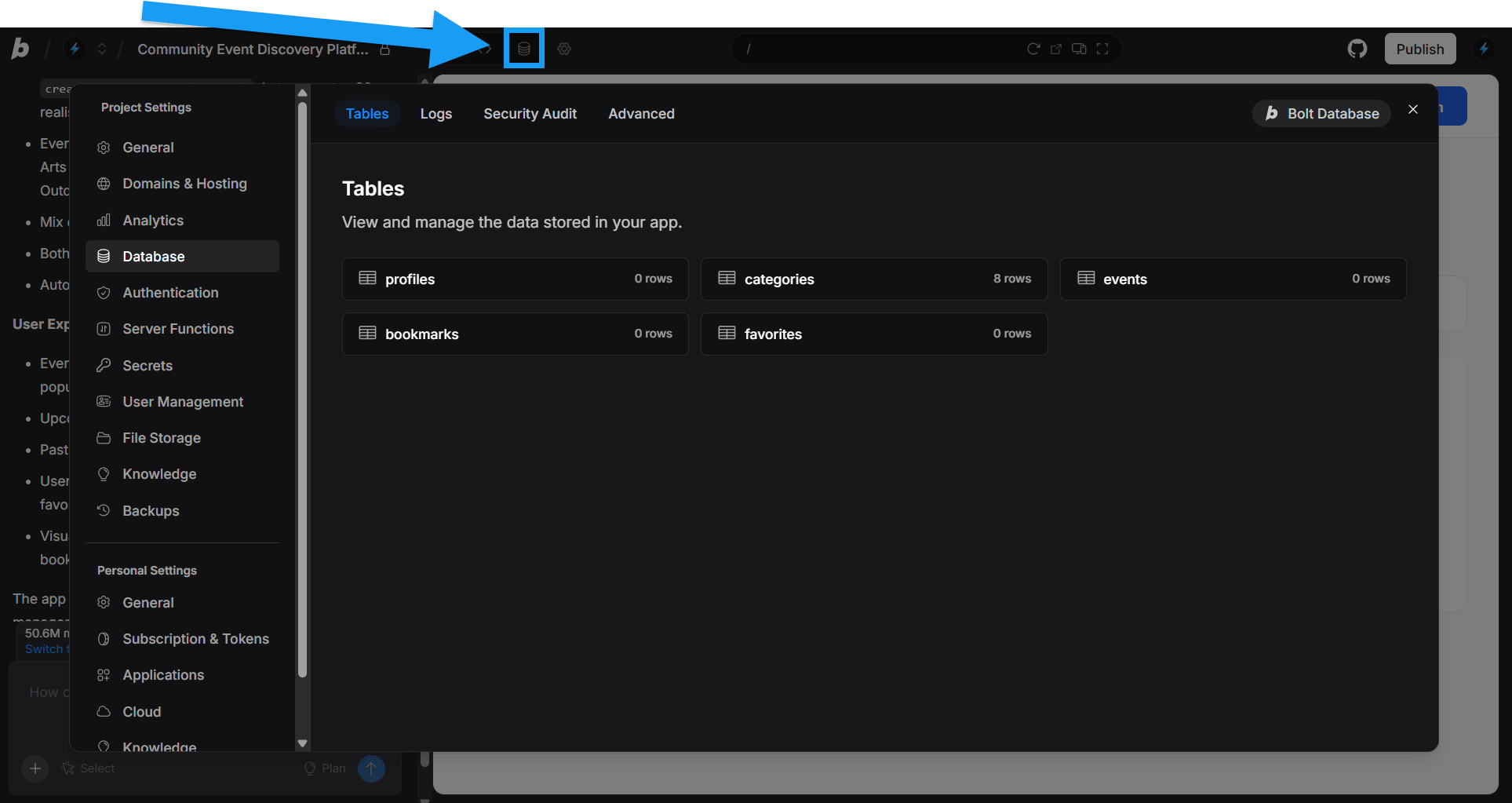 Screenshot of a Bolt database tables view.