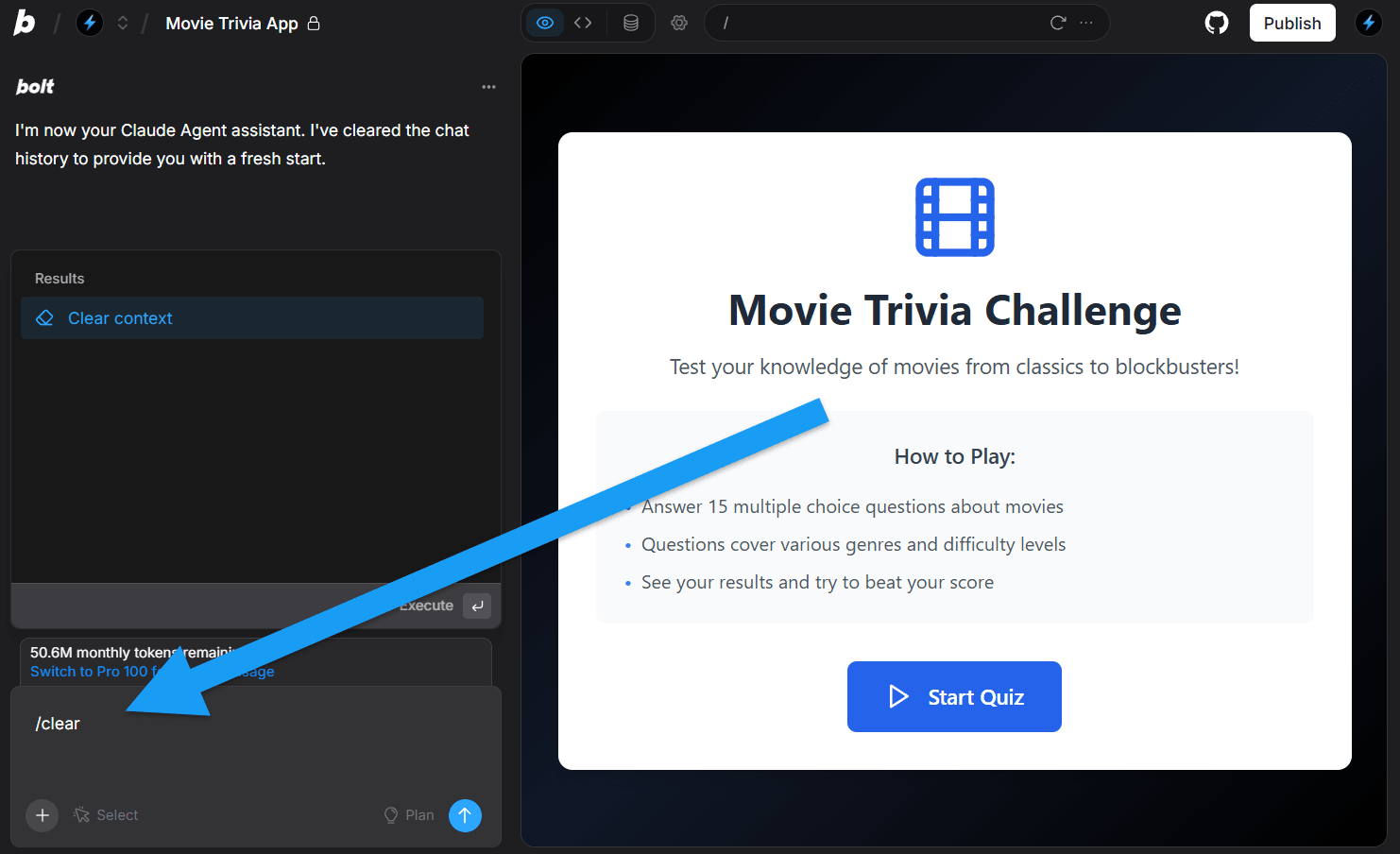 Screenshot of clear context command when /clear is entered in the chatbox.