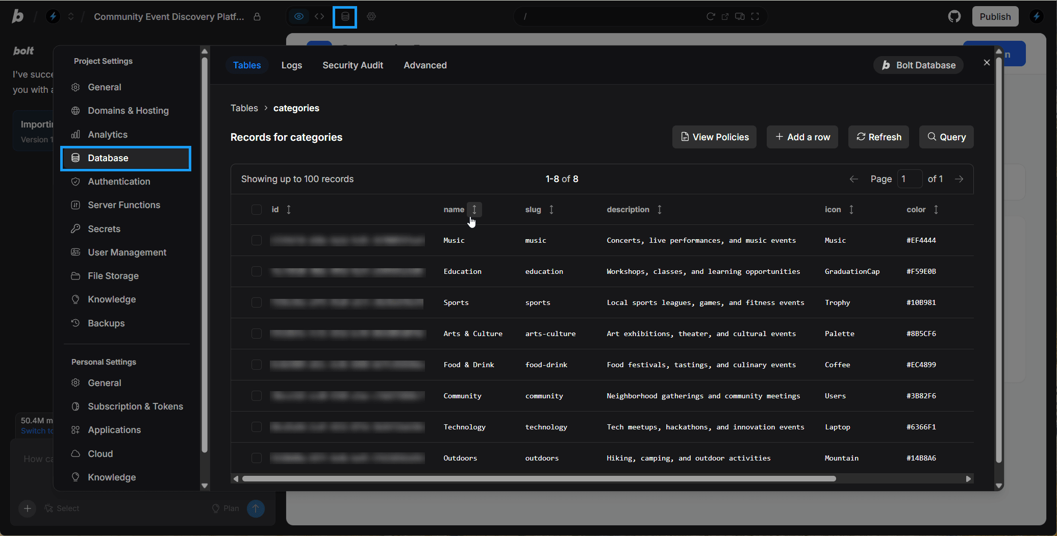 Screenshot of an example Bolt database.
