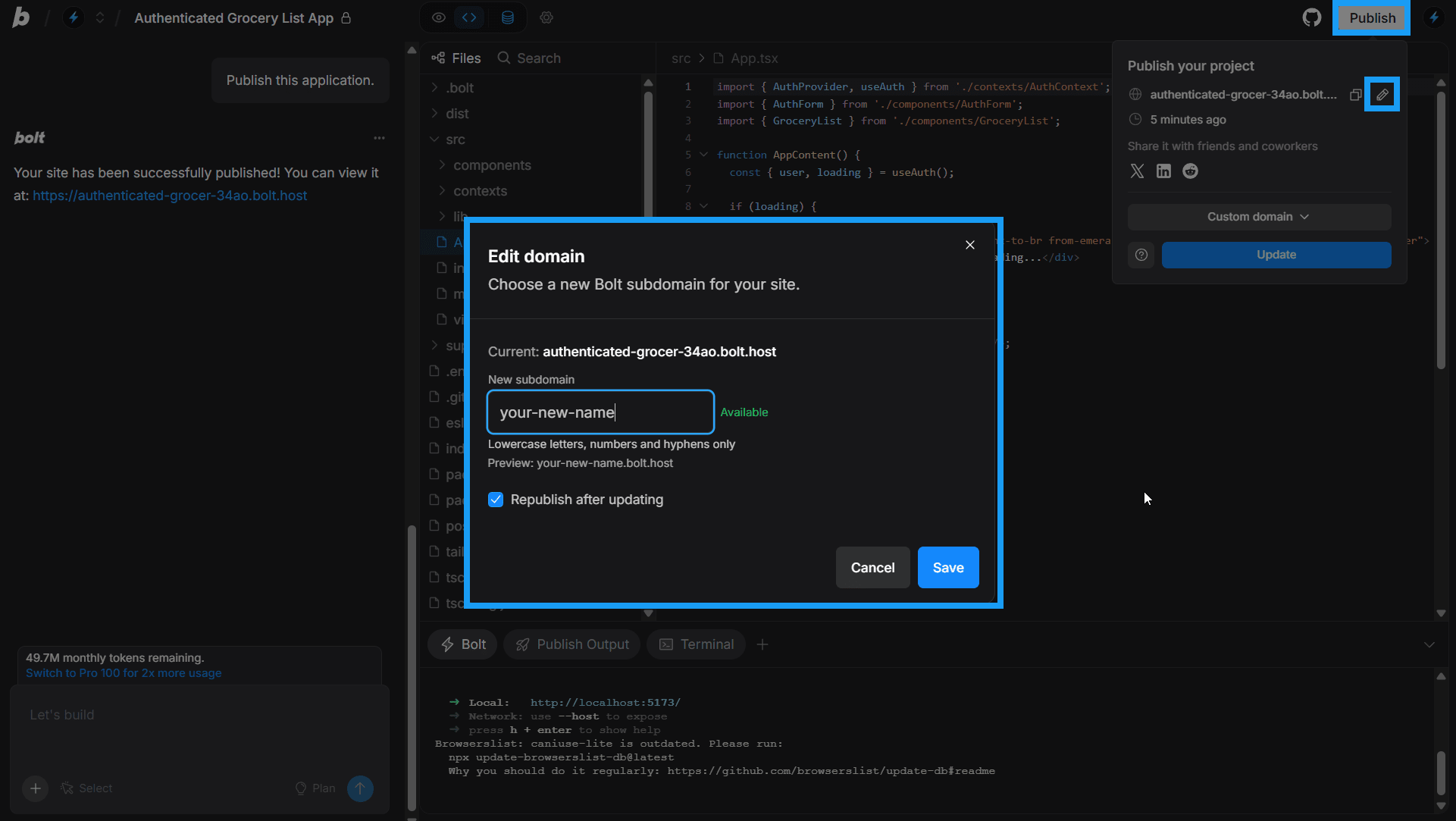 Screenshot of editing Bolt hosting URL.